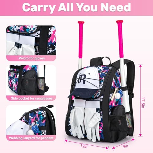 KAVIGOR Youth Baseball Bag, Softball Bag for Girls & Boys, Kids Tball Backpack with Shoes Compartment - color: Pink Camo