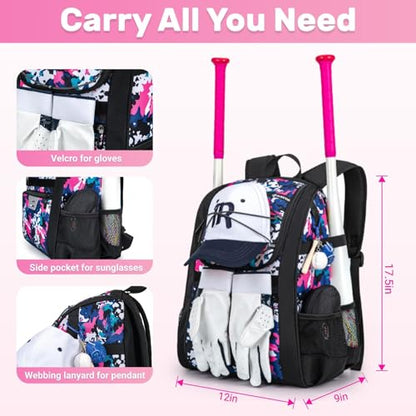KAVIGOR Youth Baseball Bag, Softball Bag for Girls & Boys, Kids Tball Backpack with Shoes Compartment - color: Pink Camo