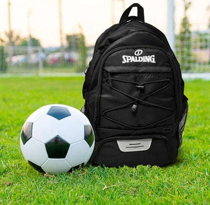 Spalding Soccer Backpack Sports Bag, Black Soccer Bag with Ball and Shoe Compartment, Use for Track Bags, Basketball Sport Ball Accessories & Stuff, Gifts for Sports Players