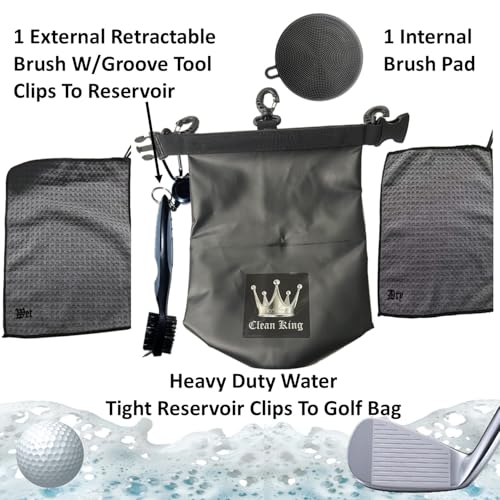 Clean King Golf Club Cleaner Golf Ball Grip Washer Holder Accessories Cleaning On Your Bag ~ 1 Wet Towel 1 Dry Towel 1 Water Reservoir 1 Interior Brush Pad 1 Exterior Brush Groove Tool