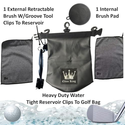 Clean King Golf Club Cleaner Golf Ball Grip Washer Holder Accessories Cleaning On Your Bag ~ 1 Wet Towel 1 Dry Towel 1 Water Reservoir 1 Interior Brush Pad 1 Exterior Brush Groove Tool