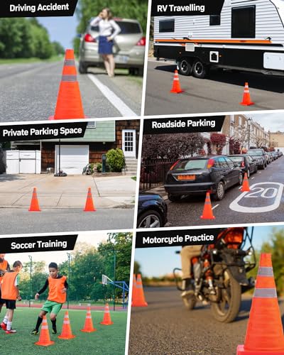 [4 Pack] 18 Inch Collapsible Traffic Safety Cones, Orange Cones, Multi Purpose Pop-up Cones with Reflective Collar, for Road Parking, Driving Practice