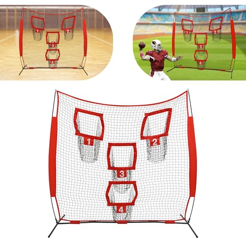 7x7ft Football Throwing Net with 4 Target Pockets – Football Training Net for Accuracy Improvement, Portable Quarterback Practice Equipment for Outdoor Use