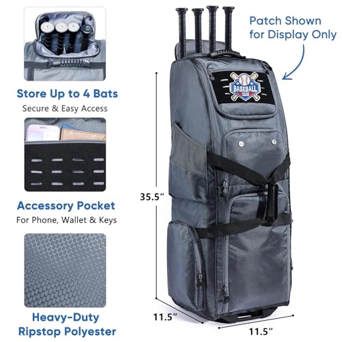 Rolling Baseball Bat Bag with Wheels, Large Capacity Gear Bag Holds 4 Bats, Reinforced Hard Base & Structured Back Panel, Top & Bottom Grab Handles, Shoe & Helmet Compartments for Youth &Adult Players - color: Grey