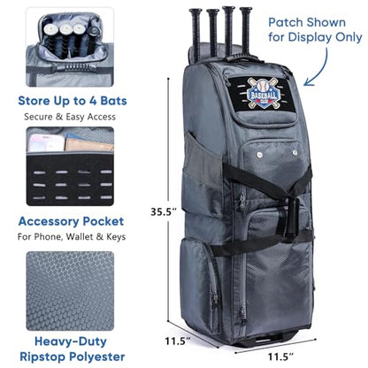 Rolling Baseball Bat Bag with Wheels, Large Capacity Gear Bag Holds 4 Bats, Reinforced Hard Base & Structured Back Panel, Top & Bottom Grab Handles, Shoe & Helmet Compartments for Youth &Adult Players - color: Grey