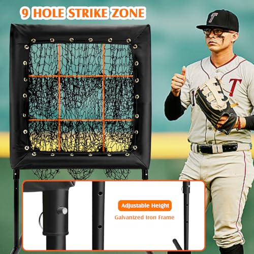 Pitching Net, Portable 9 Hole Baseball & Sotball with Strike Zone - Height Adjustable Easy Setup for Indoor/Outdoor