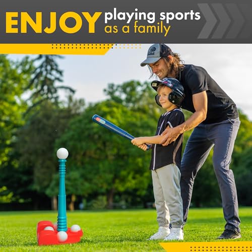 T Ball Stand for Kids and Toddlers 3-5, 5-8. Baseball Set Includes 6 Large Balls, an Adjustable Tball Batting Tee, and a Storage Net. Kids Bat & Teeball, T-Ball Sets for Kids
