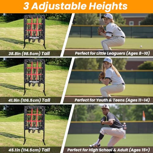 9 Hole Pitching Net with Strike Zone, Improve Baseball Softball Accuracy Training, Adjust Height to 45 Inches, Portable Set up, Indoor Outdoor Practice for Beginner and Professional
