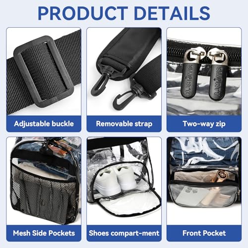Large Heavy Duty Clear Duffel Bag with Shoes Compartment, Stadium Approved Clear Gym Bag with Adjustable Strap, Clear Tote Handbag Durable Crossbody for Football Basketball Baseball Golf Events Black