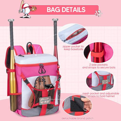 Smasrob Youth Baseball Bag for T Ball, Rec and Travel Ball, Softball Bag with Helmet Holder and Fence Hook - color: Pink