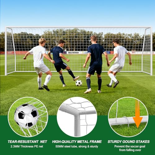 NAIZEA Soccer Goals - 24x8/21x7/18x7/12x6/16x7/10x6/8x6/6x4FT Soccer Goals for Backyard Training- Portable Metal Soccer Net for Youth & Adults - Heavy Duty Steel for Indoor Outdoor Games & Practice - size: 21ft x 7ft, style: Trainer-White/Steel