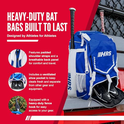 Hit Run Steal Bat Bag Backpack, Holds 4 Bats, Gloves, Helmet, and Cleats, Royal Blue