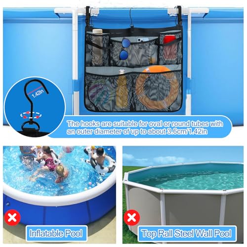Pool Side Storage mesh bag, 24 x20" Above Ground Swimming Pool side Hanging Organizer Net Basket for Towels, Cups, Toys, Outdoor Pool Accessories with Hooks Attaches to Poolside and Fence (Black) - size: Small