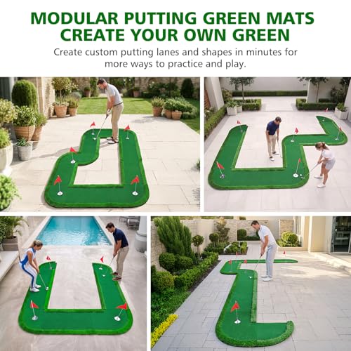 Modular Interlocking Golf Putting Green, 5 x 9.5 ft Golf Practice Putting Mat Professional Golf Training Mat with 5 Flags 3 Movable Cups 6 Golf Balls, for Indoor Outdoor Backyard Home Office