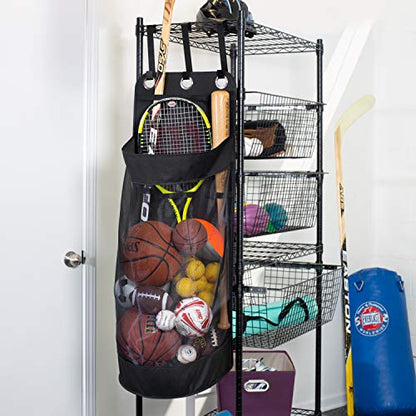 Hanging Sports Equipment Organizer with Hooks, Black Mesh, 16 in W x 43 in H x 12 in D