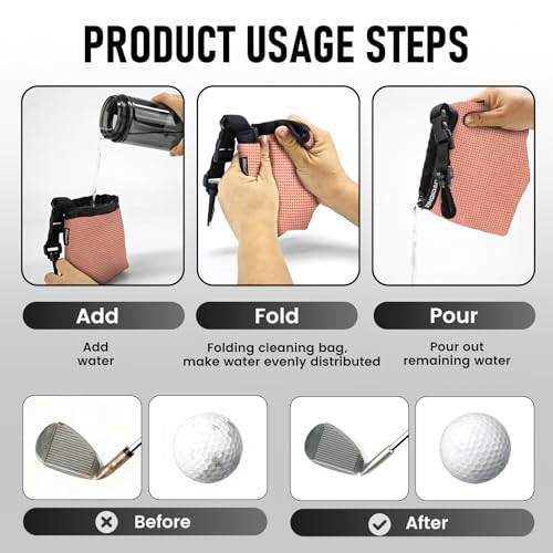 Golf Club and Golf Ball Cleaning Bag - Cleans Club Grooves, Golf Bag Accessories,Waterproof Clean Face Tech, Detachable Clip, Machine Washable,Golfer Gifts for Men(1-Pack,PINK) - color: PINK