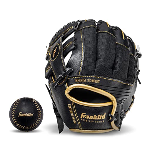 Franklin Sports Kids Baseball Glove + Foam Ball Sets - Meshtek Youth Teeball Gloves for Kids + Toddlers - Left + Right Hand Throw - 9.5" Inch - color: Black/Gold