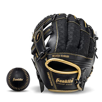 Franklin Sports Kids Baseball Glove + Foam Ball Sets - Meshtek Youth Teeball Gloves for Kids + Toddlers - Left + Right Hand Throw - 9.5" Inch - color: Black/Gold