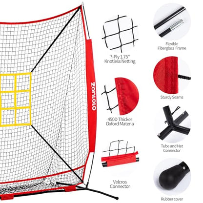 7x7 ft Baseball Net, Pitching & Batting Net with Batting Tee, Designed with Large Ball Collection System, 2 Strike Zones, Carry Bag, Baseball Softball Net for Batting Pitching Hitting and Throwing