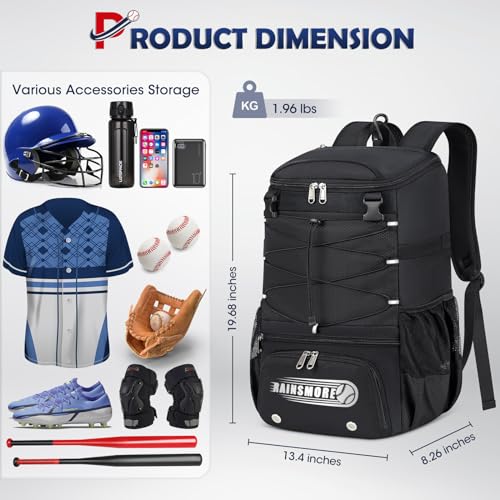 RAINSMORE Baseball Bag for Youth & Adult Lightweight Softball Bat Bag with Shoe Compartment, External Helmet Holder and Fence Hook Waterproof Baseball Backpack Hold T-Ball, Bat and Softball Equipment - color: Black