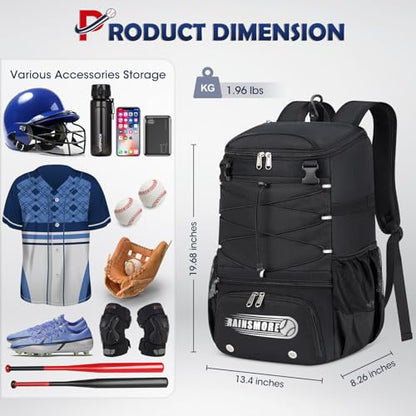 RAINSMORE Baseball Bag for Youth & Adult Lightweight Softball Bat Bag with Shoe Compartment, External Helmet Holder and Fence Hook Waterproof Baseball Backpack Hold T-Ball, Bat and Softball Equipment - color: Black