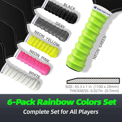 Ribbed Pickleball Overgrip Tape, Non-Slip Sweat-Wicking Racquet Grip for Pickleball/Tennis/Badminton - color: black, white, gray + pink, yellow, green, size: 6 PCS