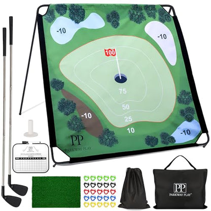 Parkway Play Sticky Golf Chipping Game Set 6x6 ft Metal Frame, Backyard Target Game, 2 Clubs, 25 Sticky Balls, Turf Mat, Indoor Outdoor Yard Sport, Golf Practice Set, Chipping Training Aid - style: METAL FRAME SET