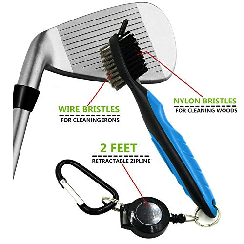 Yoport® Golf Club Brush and Club Groove Cleaner 2 Ft Retractable Zip-line Aluminum Carabiner, Lightweight and Stylish, Ergonomic Design, Easily Attaches to Golf Bag - color: Red+blue