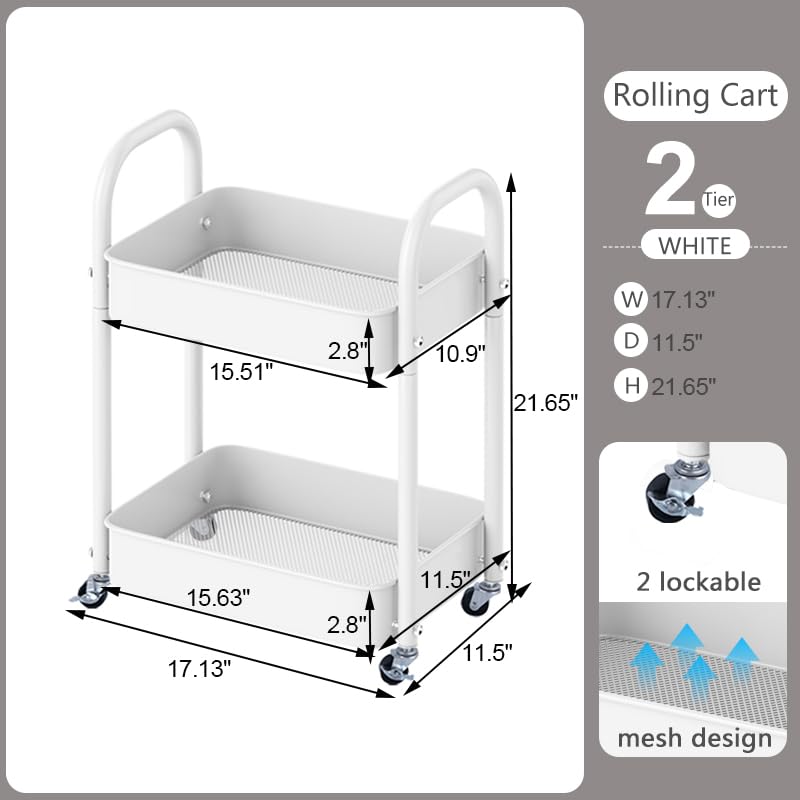 2 Tier All-Metal Rolling Cart, Rolling Storage Cart with Handle and Locking Wheels Kitchen Cart Laundry Office Bathroom Storage Organizer Cart, White - size: 2 Tier White