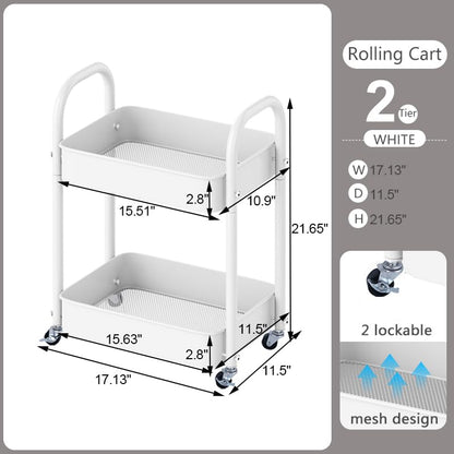 2 Tier All-Metal Rolling Cart, Rolling Storage Cart with Handle and Locking Wheels Kitchen Cart Laundry Office Bathroom Storage Organizer Cart, White - size: 2 Tier White