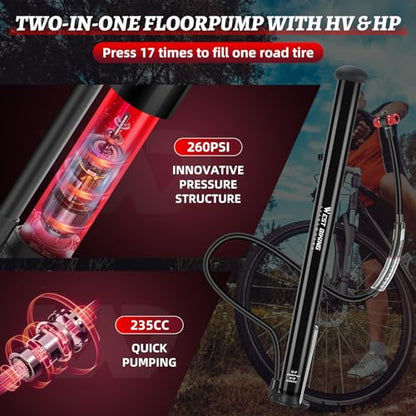 WEST Biking Updated Bike Pump with Gauge, High Pressure 260Psi, Bicycle Floor Pump Inflator for Road Bike MTB