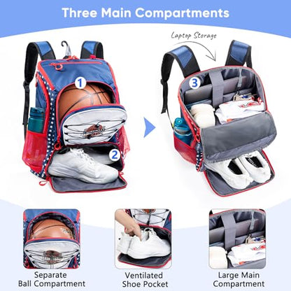 Basketball Bag Backpack with Ball Compartment & Shoe Pocket – Gym Bag for Basketball, Soccer, Football, Volleyball – Large Capacity Athletic Backpack for Youth & Adults, Basketball Gifts - color: Navy