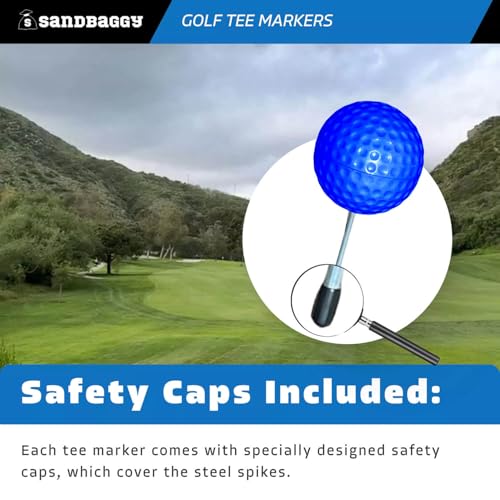 Sandbaggy Plastic Tee Markers for Golf Course (UV Resistant) - Steel Spike - Safety Caps Included - color: Blue