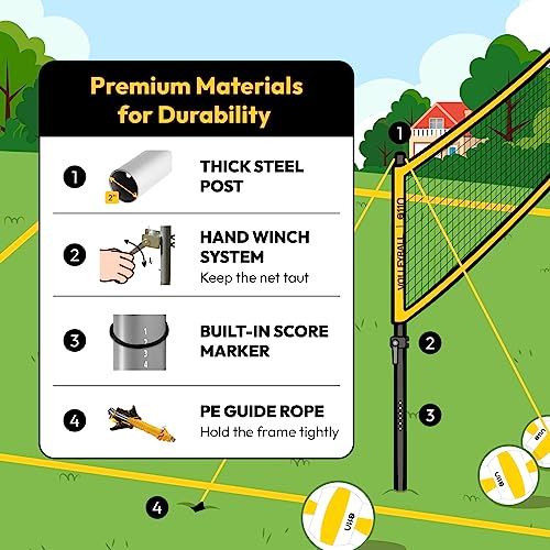 A11N Sports Heavy-Duty 32ft Outdoor Volleyball Net with Anti-Sag System - Portable Set Includes Volleyball, Net, Air Pump, Boundary Markers and Bag - Perfect for Backyard, Beach, and Park