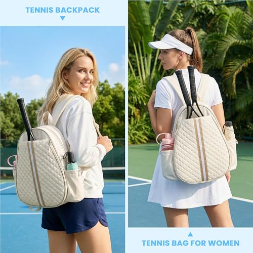 Tennis Bags for Women - Ideal Mothers Day Gifts, Quilted Tennis Sling Crossbody Backpack with Fence Hook, Water Resistant Tennis Racket Bag for Pickleball, Badminton, Beige