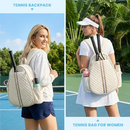 Tennis Bags for Women - Ideal Mothers Day Gifts, Quilted Tennis Sling Crossbody Backpack with Fence Hook, Water Resistant Tennis Racket Bag for Pickleball, Badminton, Beige