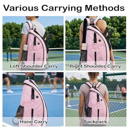 Pickleball Bag for Women Men Pickle Ball Backpack,Adjustable Sling Bag/Backpack for Tennis & Pickleball - color: Pink
