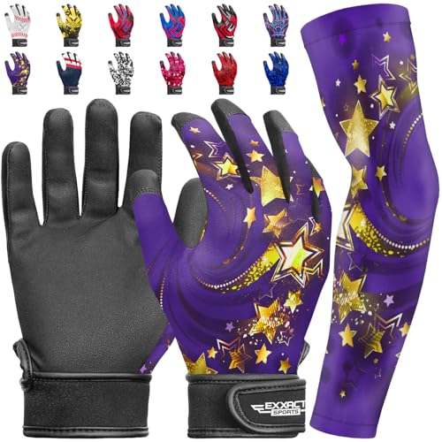 Exxact Sports Youth Batting Gloves with Arm Sleeve for Boys & Girls, Kids Baseball Batting Gloves for Softball, T-Ball - color: PURPLE GOLD STARS, size: Youth Small / Medium