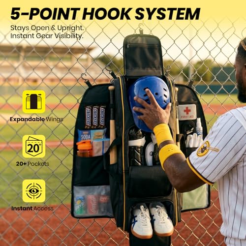 100L Rolling Catchers Gear Bag - Waterproof Baseball & Softball Duffle with 5 Fence Hooks, Locker-Style Organizer, Holds 8 Bats, Vented Shoe Zone - Icon Shield Edition