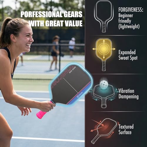 SONICORE Pickleball Paddle Set Bundle, T700 Carbon Fiber 16mm Core, 1 Paddle, Cover, Wristbands, Grip Tape, Eraser, 4 Premium Balls | Vibe Pink