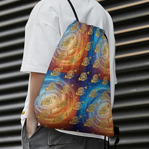 Gym Drawstring Bag Sports Sackpack Waterproof String Backpack with Shoe Compartment for Hiking Swimming Training, Gold French Horns Musical Instrument Blue Yellow Bags - color: Picture (628)