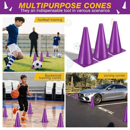 12 Inch Durable Cones,12pcs Versatile Plastic Traffic Cones and Soccer Cones for Sports Training,Agility Drills,Parking Safety,Basketball Training,Football Training. - color: purple