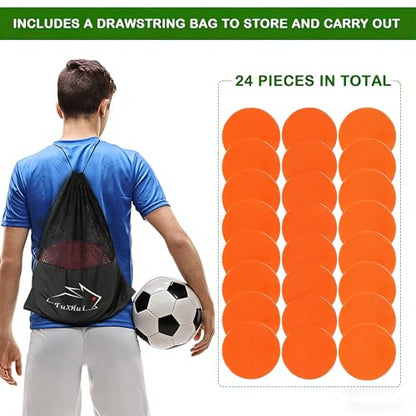 Poly Spots 4" or 9" Flat Cones Spot Markers for Gym/PE Training, Dance, 12/18/24 Pcs Non-Slip Rubber Floor Dots Flat Disc Markers for Soccer Basketball Sports Agility Drills, Classroom Activities - style: Orange 24 Pcs 9inch