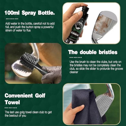 Golf Club Brush and Club Groove Cleaner with Retractable Zip-line - Premium Golf Towel (15 * 14inch) & Empty Water Bottle & Storage Bag - Golf Towel and Brush Set - Essentials Golf Accessories for Men