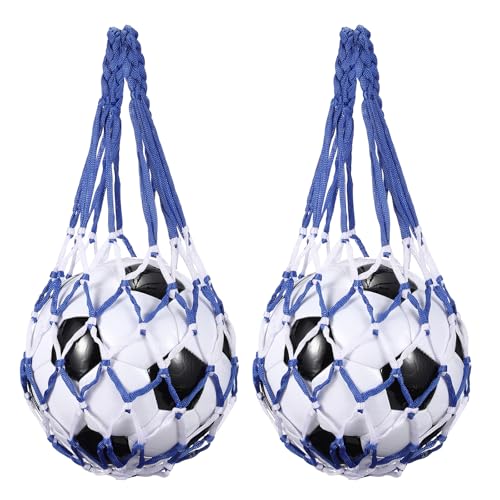 uxcell Basketball Net Bags, Nylon Soccer Ball Holder Portable Multifunctional Single Ball Mesh Net Bag for Storage Basketball Soccer Rugby Balls - color: Blue/White