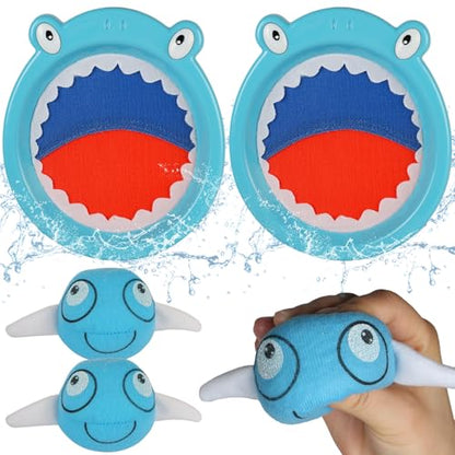 Waterproof Toss and Catch Ball Set, Shark Toss and Catch Game with 2 Catch Paddles & 2 Soft Water Balls, Outdoor Toy for Pool, Beach, Backyard & Bath, for Kids Ages 3-8
