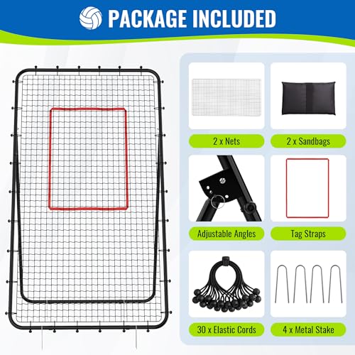 Volleyball Rebounder Net 7x4 FT, 5-Angle Adjustable Bounce Back Net, Steel Frame & PE Training Net for Volleying/Spiking, Rust-Resistant & Durable – w/Travel Bag, 2 NETS - color: Black & Red