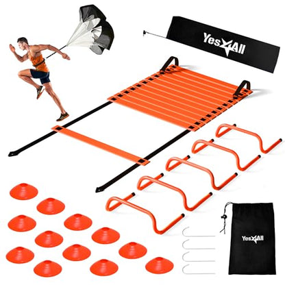 Yes4All Agility Ladder Speed Training Equipment Set - 1 Adjustable Agility Ladder, 12 Soccer Cones, 5 Hurdles, Jump Rope, Running Parachute - Speed & Agility Training Equipment for All Ages - color: B. Set Orange