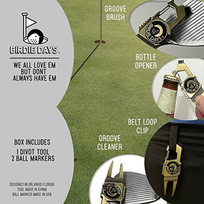 Ball Marker and Magnetic Divot Tool Gift Sets | Antique Silver or Brass Finish | 2 Markers | 1 Multi-Functional Golf Divot Repair | Bottle Opener | Groove Brush Cleaner | Premium Gift Box - color: Brass Set