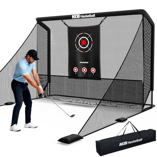 Haokelball Golf Practice Hitting Net for Driving Real Balls, 10x8ft Heavy Duty Netting for Indoor Outdoor with Side Barriers, Ball Return & Collection System, Silent Impact Target and Carry Bag